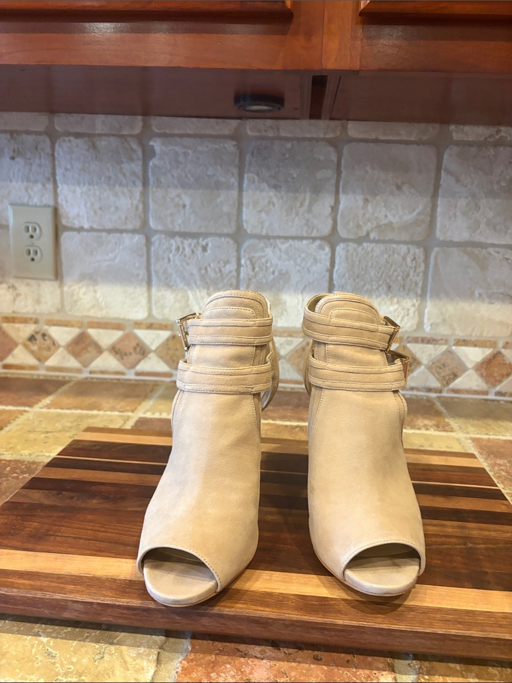 Michael Kors Nude Beige Peep-Toe Ankle Booties with Wrap Straps